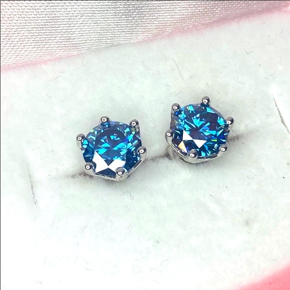 Certified, 2CT Royal Blue Moissanite Solitaire Stud earrings
